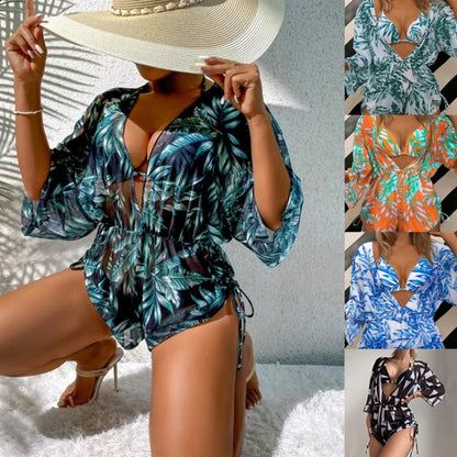 Leaf-print Waist Lace-up Three-Piece Bikini Set Long-sleeved Beach Sun Protection Swimsuit, Size: XL(Blue) - Swimwear by PMC Jewellery | Online Shopping South Africa | PMC Jewellery