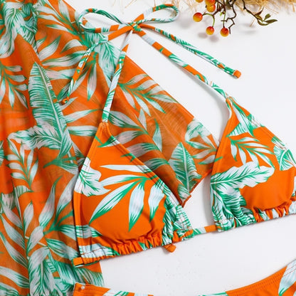 Leaf-print Waist Lace-up Three-Piece Bikini Set Long-sleeved Beach Sun Protection Swimsuit, Size: XL(Orange) - Swimwear by PMC Jewellery | Online Shopping South Africa | PMC Jewellery