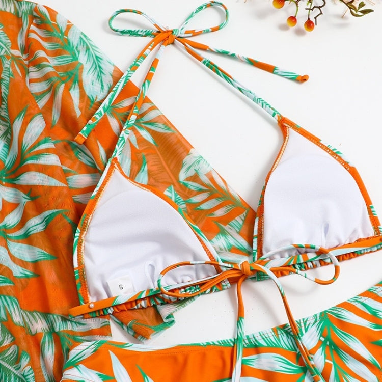 Leaf-print Waist Lace-up Three-Piece Bikini Set Long-sleeved Beach Sun Protection Swimsuit, Size: L(Blue) - Swimwear by PMC Jewellery | Online Shopping South Africa | PMC Jewellery
