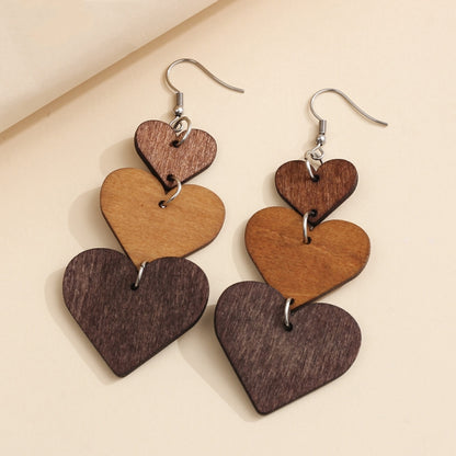 5pairs Wooden Carved Heart Shape Stitching Long Earrings(1) - Stud Earrings & Earrings by PMC Jewellery | Online Shopping South Africa | PMC Jewellery