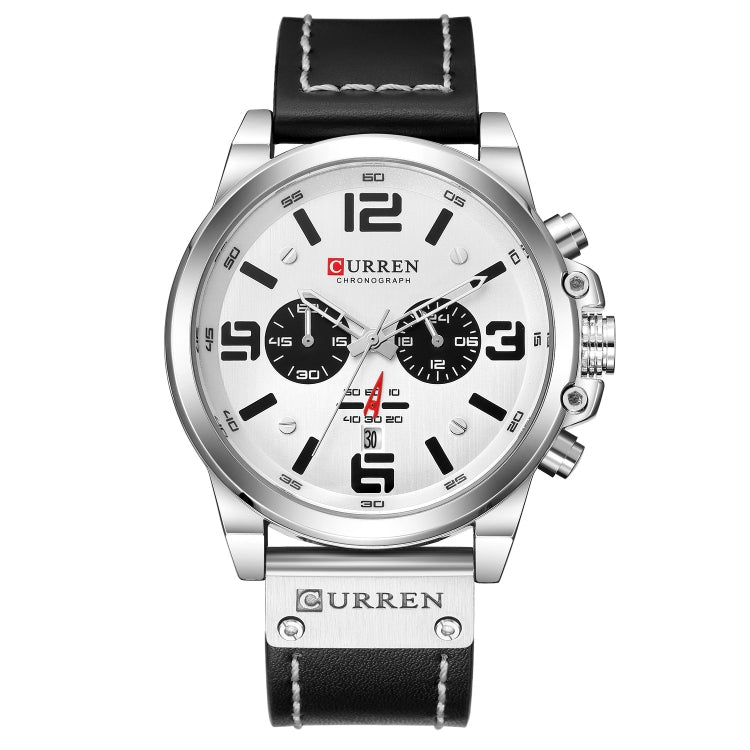 Curren 8314 Sports Six-Hand Waterproof Leather Strap Calendar Men Quartz Watch, Color: White Shell White - Leather Strap Watches by Curren | Online Shopping South Africa | PMC Jewellery | Buy Now Pay Later Mobicred