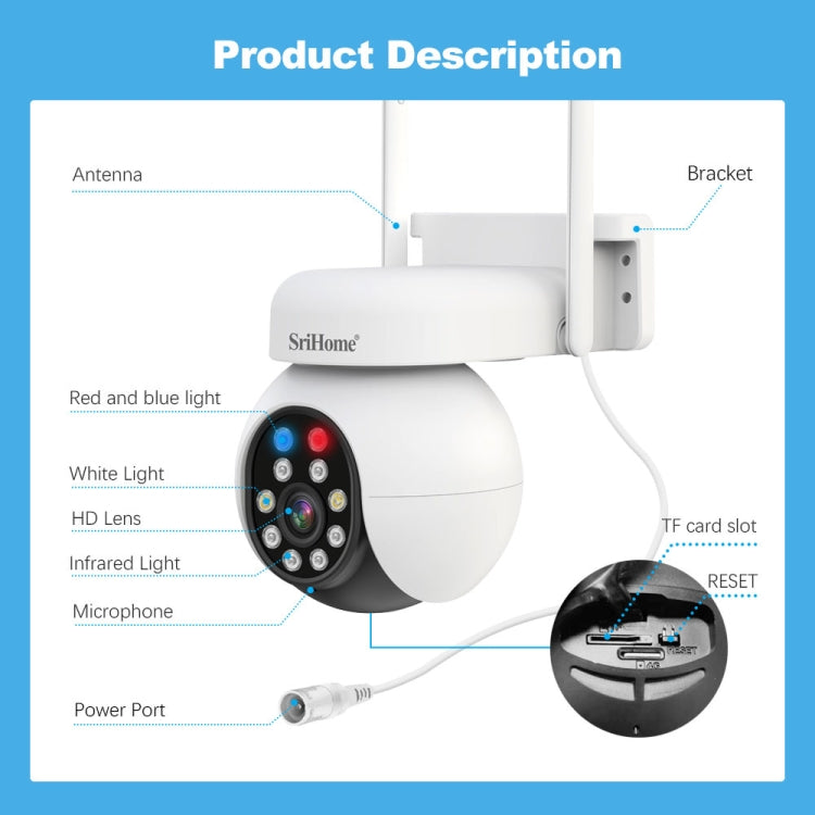 SriHome SH052B Wifi 5MP Wireless PTZ IP AI Auto Tracking Sound&Light Alarm Starlight Color Night Vision Outdoors Surveillance Camera, Plug: EU - Dome Camera by SriHome | Online Shopping South Africa | PMC Jewellery | Buy Now Pay Later Mobicred