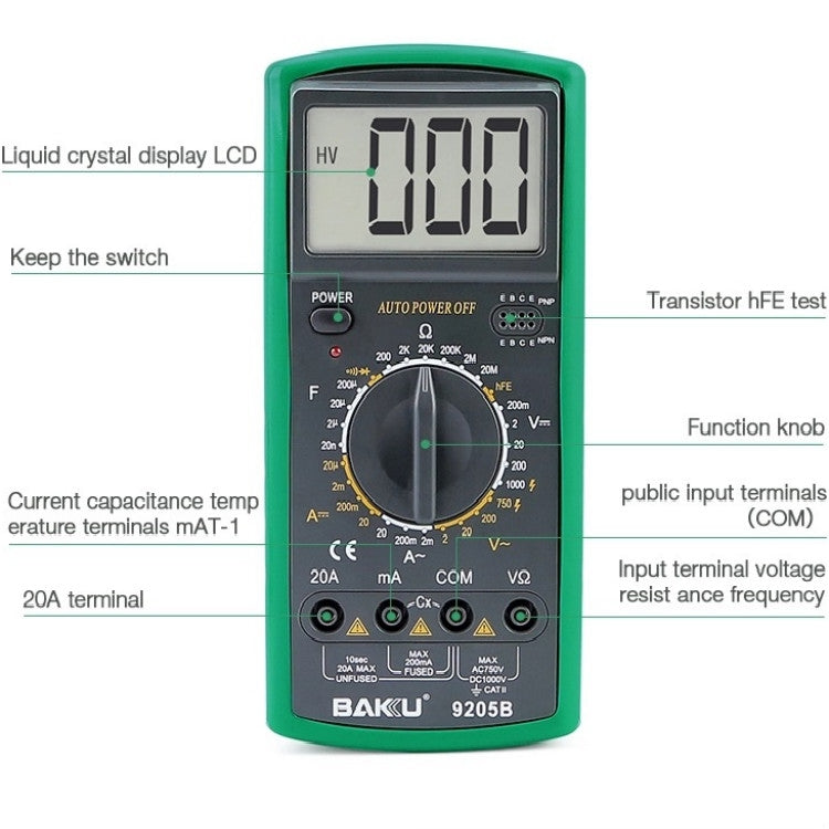 BAKU BK-9205B Measuring Capacitance Current Large Screen Display All-round Burn-proof Digital Multimeter - Digital Multimeter by BAKU | Online Shopping South Africa | PMC Jewellery