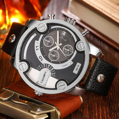 CAGARNY 6819 Fashionable Multifunctional Dual Time Zone Quartz Business Sport Wrist Watch with Leather Band & GMT Time & Calendar & Luminous Display for Men(Silver Case) - Leather Strap Watches by CAGARNY | Online Shopping South Africa | PMC Jewellery | Buy Now Pay Later Mobicred