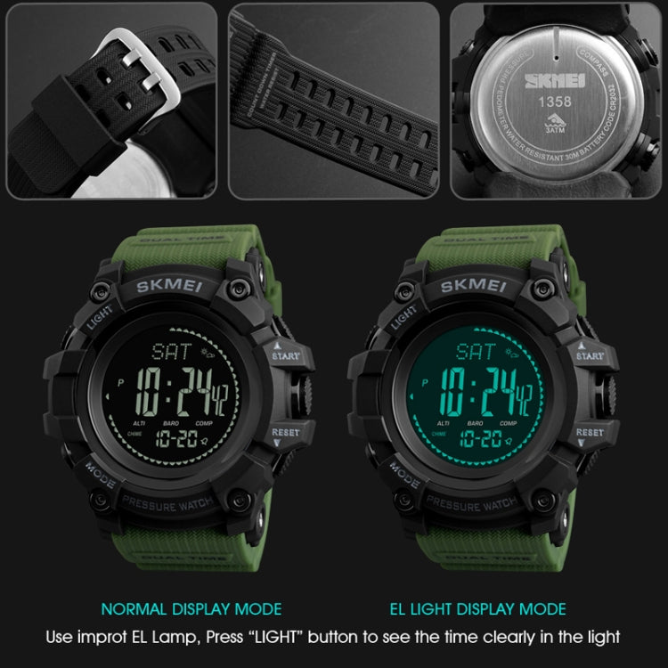 SKMEI 1358 Multifunctional Men Outdoor Sports 30m Waterproof Digital Watch with Compass / Barometer / Altimeter/ Pedometer Function(Army Green) - Sport Watches by SKMEI | Online Shopping South Africa | PMC Jewellery | Buy Now Pay Later Mobicred