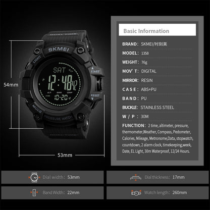 SKMEI 1358 Multifunctional Men Outdoor Sports 30m Waterproof Digital Watch with Compass / Barometer / Altimeter/ Pedometer Function(Army Green) - Sport Watches by SKMEI | Online Shopping South Africa | PMC Jewellery | Buy Now Pay Later Mobicred