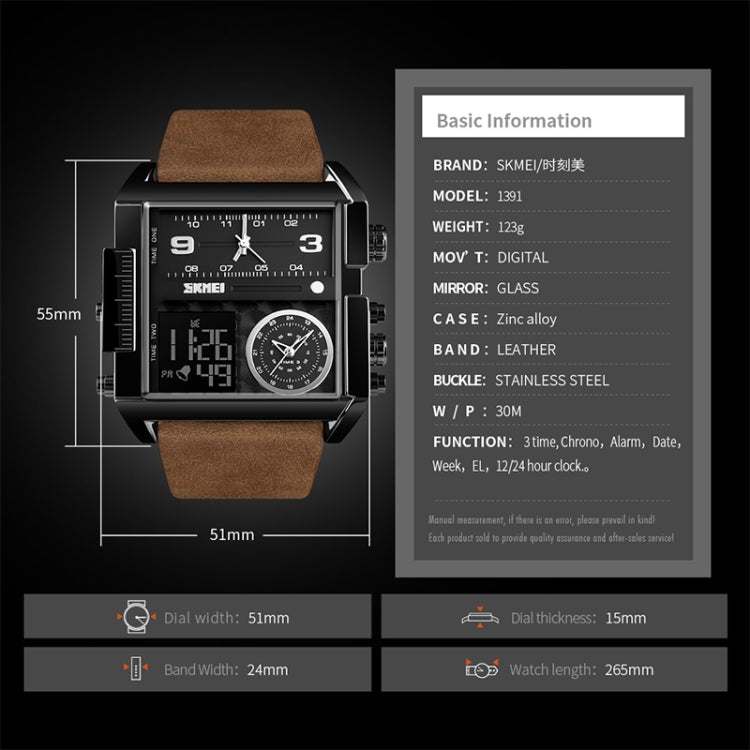 SKMEI 1391 Multifunctional Men Business Digital Watch 30m Waterproof Square Dial Wrist Watch with Leather Watchband(Black) - Leather Strap Watches by SKMEI | Online Shopping South Africa | PMC Jewellery | Buy Now Pay Later Mobicred