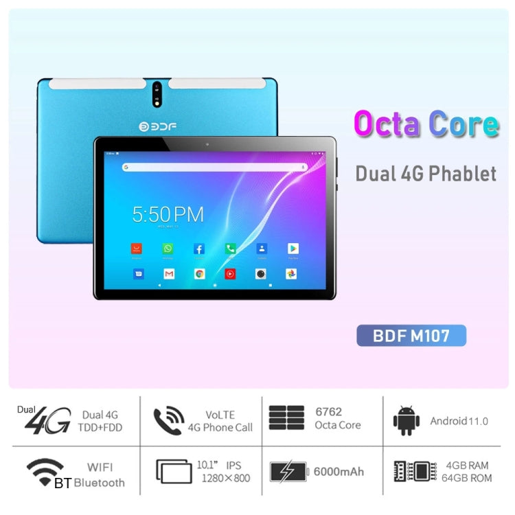 BDF M107 4G Phone Call Tablet PC, 10.1 inch, 4GB+64GB, Android 11, MTK6762 Octa Core, Support Dual SIM & Bluetooth & WiFi & GPS, EU Plug(Silver) - BDF by PMC Jewellery | Online Shopping South Africa | PMC Jewellery