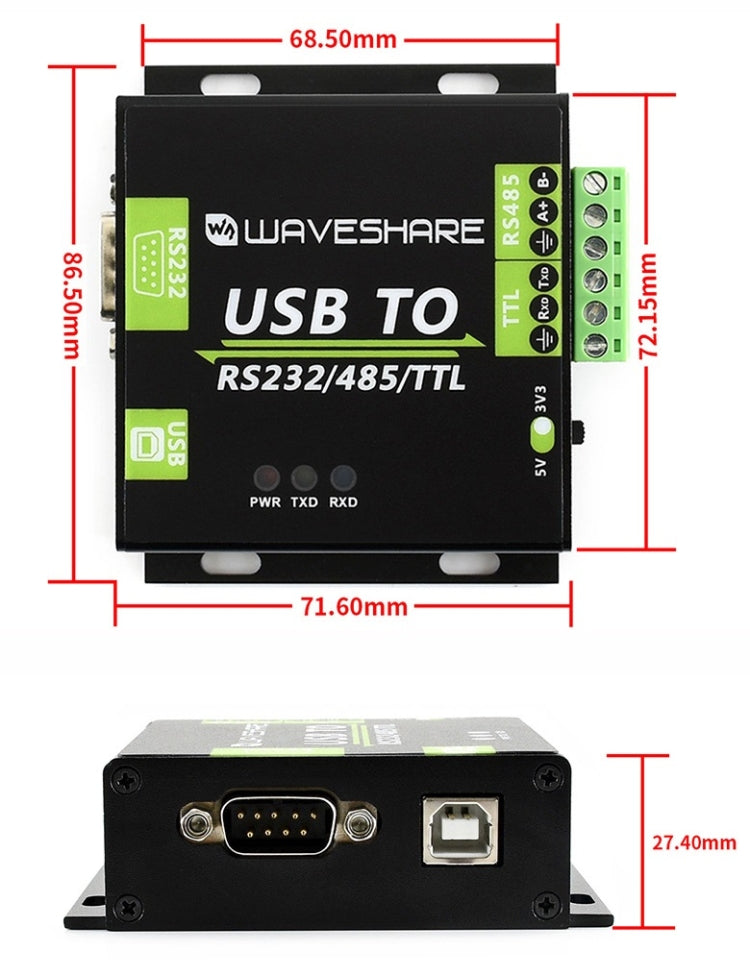 Waveshare USB TO RS232 / RS485 / TTL Industrial Isolated Converter - free shipping - PMC TechLife - Order now!