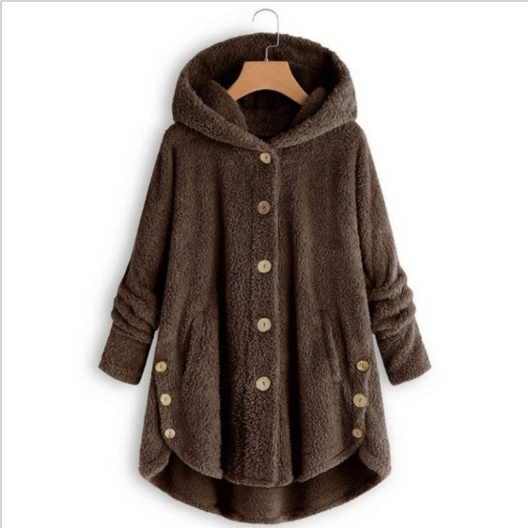 Button Plush Irregular Solid Color Coat (Color:Coffee Size:XXXXL) - Hoodie by PMC Jewellery | Online Shopping South Africa | PMC Jewellery