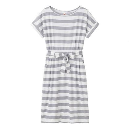 Slim-fit Waist Slimming Round Neck Striped Belt Dress (Color:Thick Striped Gray Size:S) - Dress by PMC Jewellery | Online Shopping South Africa | PMC Jewellery